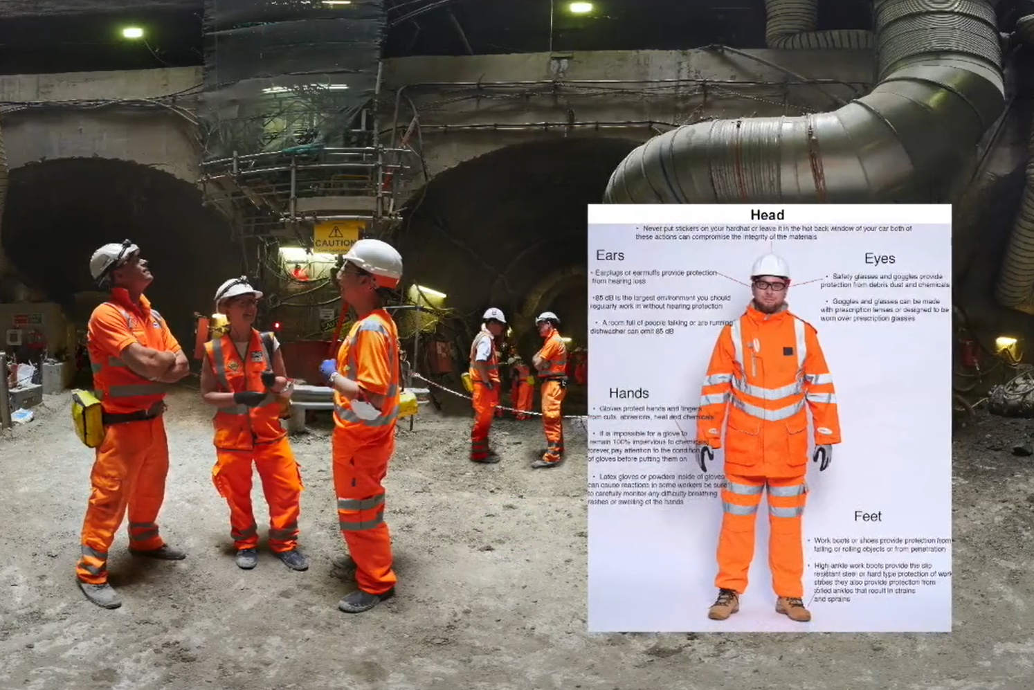 Immersive learning experience based on a tunnel construction site with a graphic which shows the different kinds of PPE required on site.